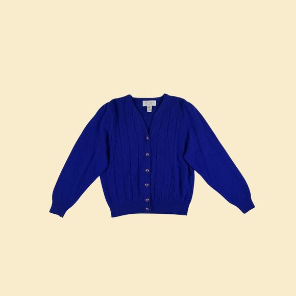1980s blue cardigan, vintage size M Petite Sophisticate womens button up jacket - Picture 1 of 8